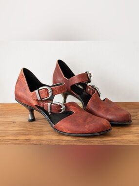 CYDWOQ Science Leather Double Buckle Kitten Heel Shoes Red EU 36.5 US 6 Handmade